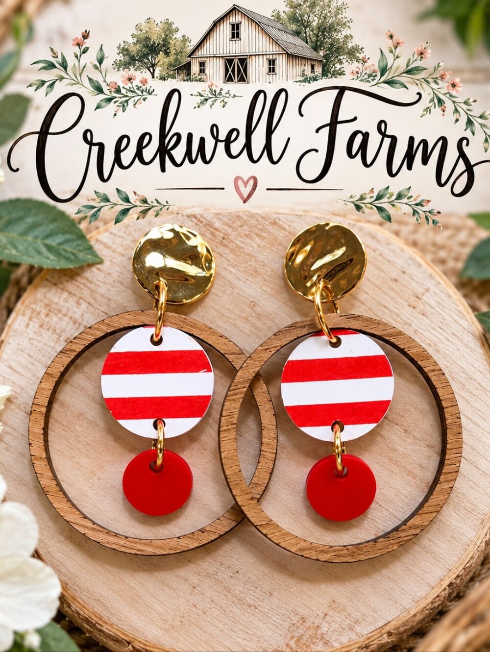 Striped Red & Wood Hoop Dangle Earrings - Unbranded